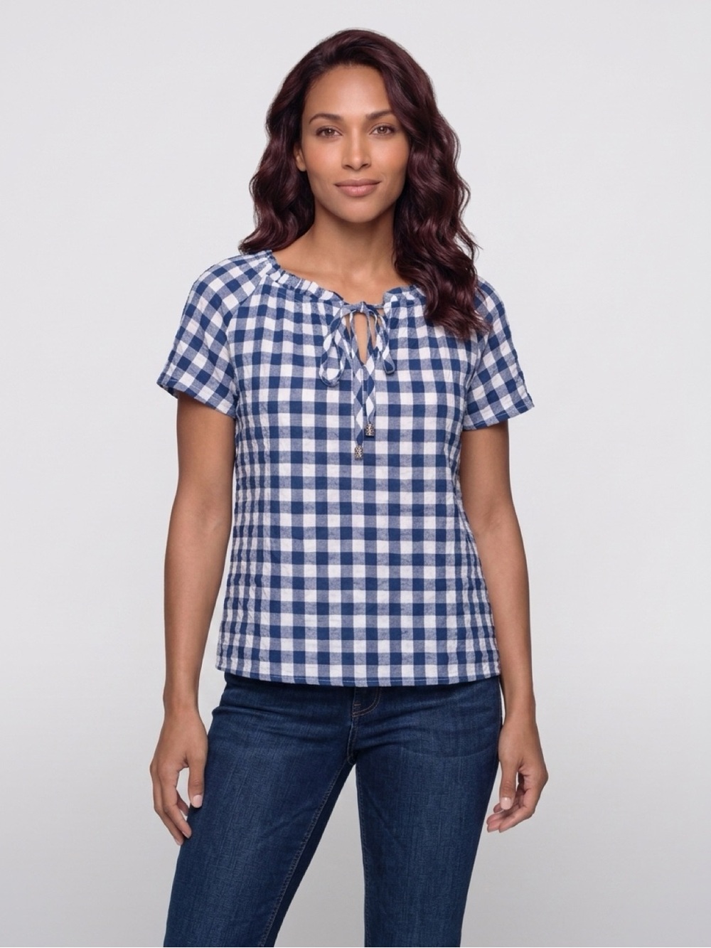 Jane + Delancey Blue/White Gingham Tie Neck Woven Short Sleeve Blouse (Size: S)